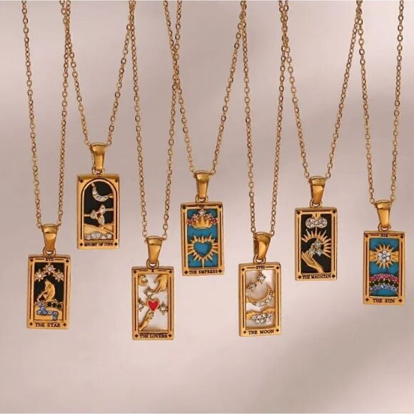 The Wheel Tarot Card Pendant Necklace 18K Gold Enamel Rectangle Stainles… - Picture 3 of 6